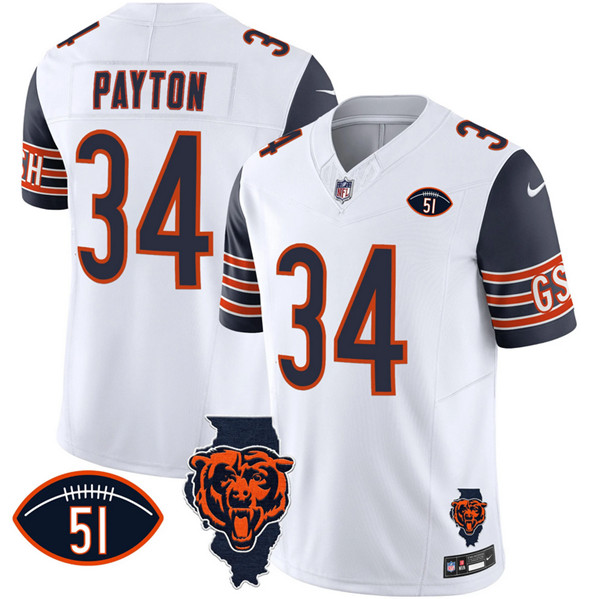 Personalized Men’s Chicago Bears #34 Walter Payton White Navy F.U.S.E. With Illinois And No. 51 Patch Stitched Football Jersey