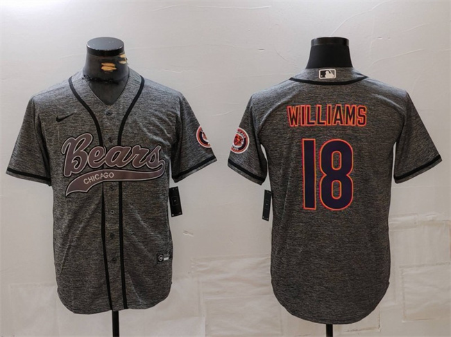 Personalized Men’s Chicago Bears #18 Caleb Williams Grey With Patch Cool Base Stitched Baseball Jersey