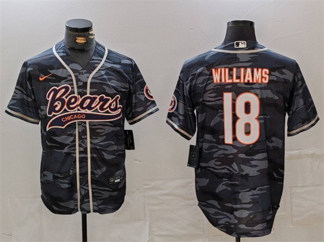 Personalized Men’s Chicago Bears #18 Caleb Williams Grey Camo With Patch Cool Base Stitched Baseball Jersey
