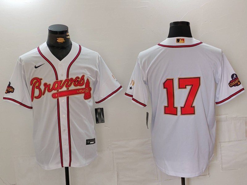 Personalized Men’s Atlanta Braves #17 Andy Messersmith White Gold World Series Champions Cool Base Stitched Baseball Jersey