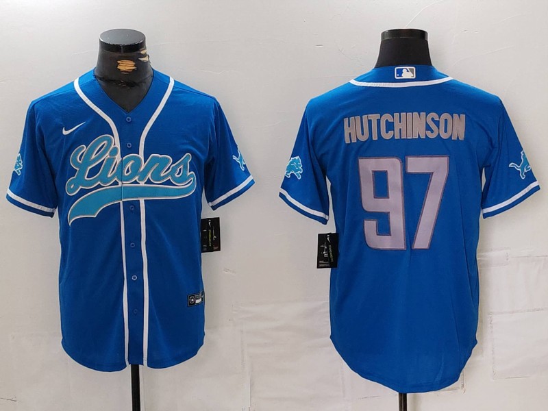 Personalized Men’s Detroit Lions #97 Aidan Hutchinson Blue Cool Base Stitched Baseball Jersey