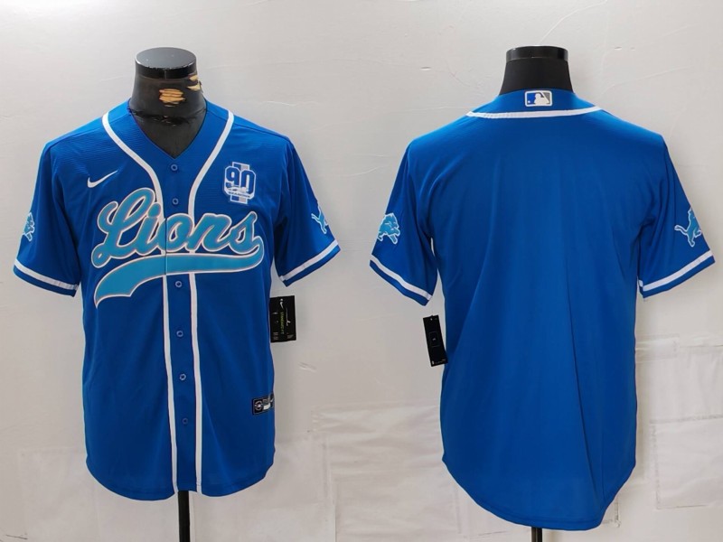 Personalized Men’s Detroit Lions Blank Blue With 90th Anniversary Patch Cool Base Stitched Baseball Jersey