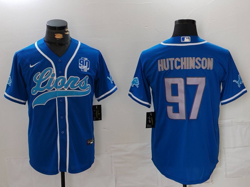 Personalized Men’s Detroit Lions #97 Aidan Hutchinson Blue With 90th Anniversary Patch Cool Base Stitched Baseball Jersey