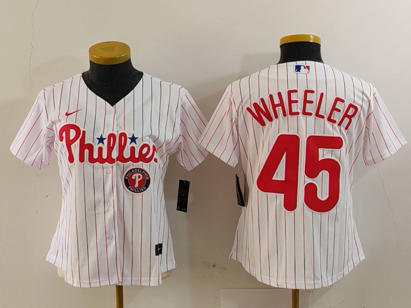 Personalized Women’s Philadelphia Phillies #45 Zack Wheeler White Stitched Baseball Jersey(Run Small)