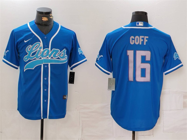 Personalized Men’s Detroit Lions #16 Jared Goff Blue Cool Base Stitched Baseball Jersey