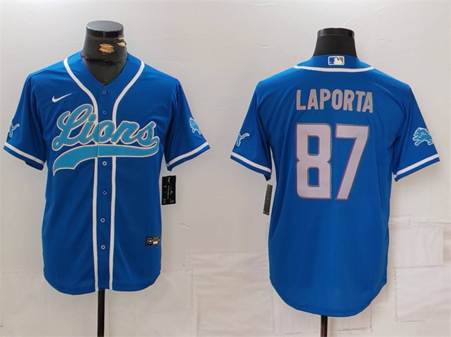 Personalized Men’s Detroit Lions #87 Sam LaPorta Blue Cool Base Stitched Baseball Jersey
