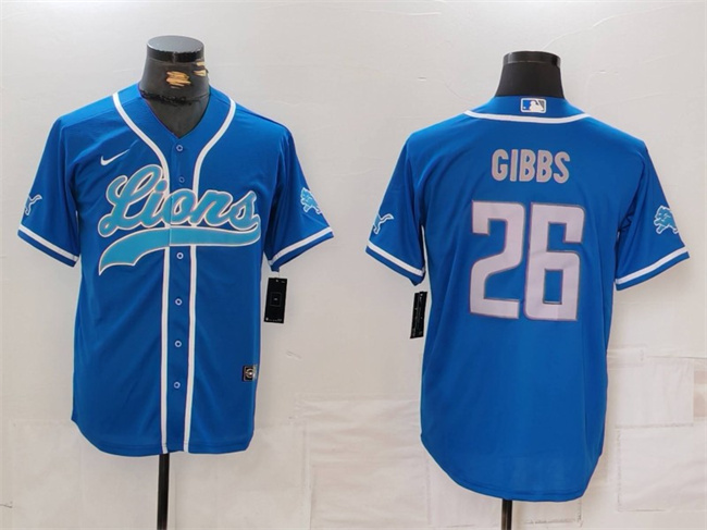 Personalized Men’s Detroit Lions #26 Jahmyr Gibbs Blue Cool Base Stitched Baseball Jersey
