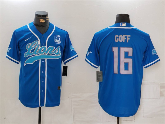 Personalized Men’s Detroit Lions #16 Jared Goff Blue With 90th Anniversary Patch Cool Base Stitched Baseball Jersey
