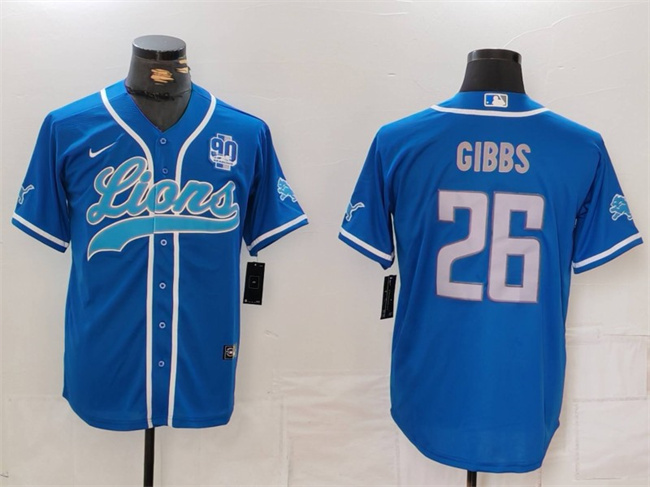 Personalized Men’s Detroit Lions #26 Jahmyr Gibbs Blue With 90th Anniversary Patch Cool Base Stitched Baseball Jersey