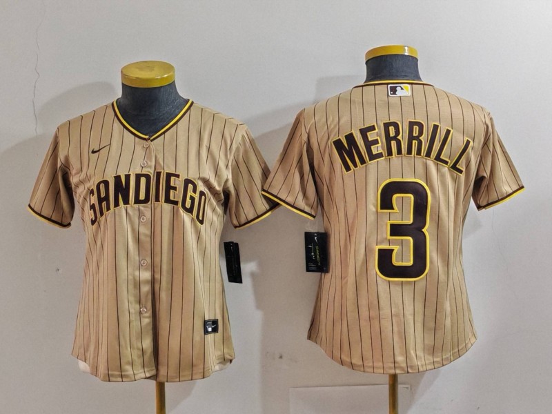 Personalized Women’s San Diego Padres #3 Jackson Merrill Tan Stitched Baseball Jersey(Run Small)