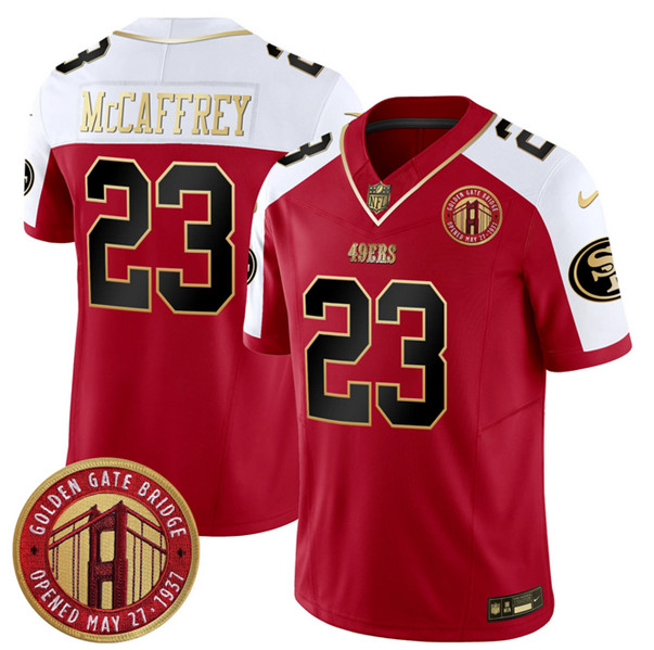Personalized Men’s San Francisco 49ers #23 Christian McCaffrey Red F.U.S.E. Golden Gate Bridge Patch Alternate Limited Stitched Football Jersey