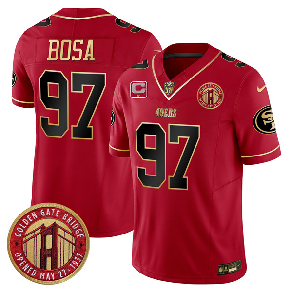 Personalized Men’s San Francisco 49ers #97 Nick Bosa Red F.U.S.E. Golden Gate Bridge With 1-Star C Patch Scarlet Limited Stitched Football Jersey