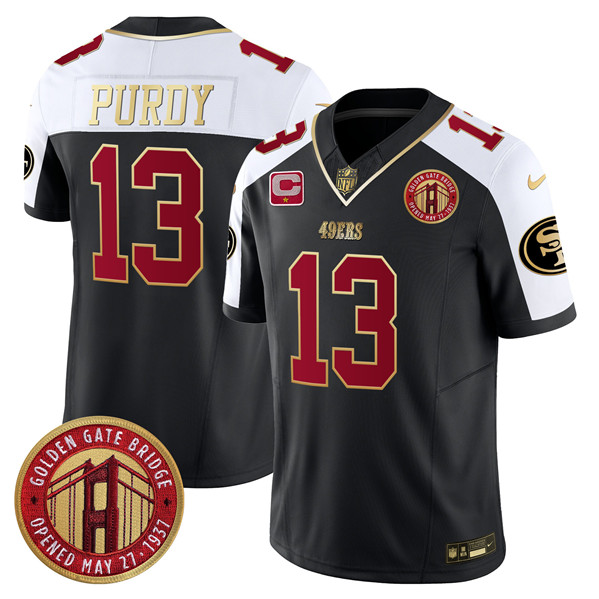 Personalized Men’s San Francisco 49ers #13 Brock Purdy Balck F.U.S.E. Golden Gate Bridge With 1-Star C Patch Alternate Limited Stitched Football Jersey