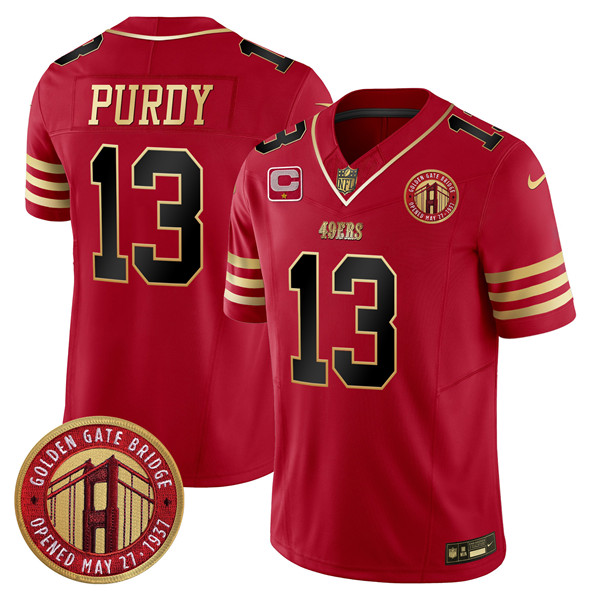 Personalized Men’s San Francisco 49ers #13 Brock Purdy Red F.U.S.E. Golden Gate Bridge With 1-Star C Patch Balck Scarlet Limited Stitched Football Jersey