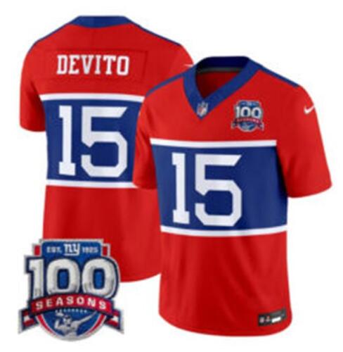 Personalized Men’s New York Giants #15 Tommy DeVito Century Red F.U.S.E. 100TH Season Commemorative Patch Limited Stitched Football Jersey