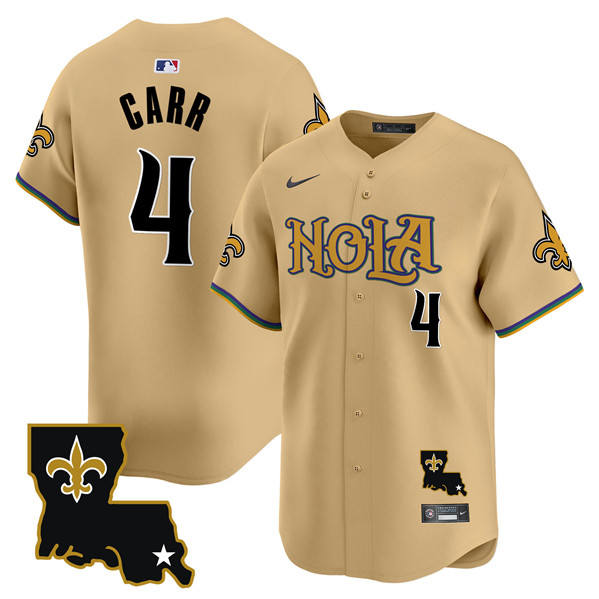 Personalized Men’s New Orleans Saints #4 Derek Carr Gold Cool Base Stitched Baseball Jersey