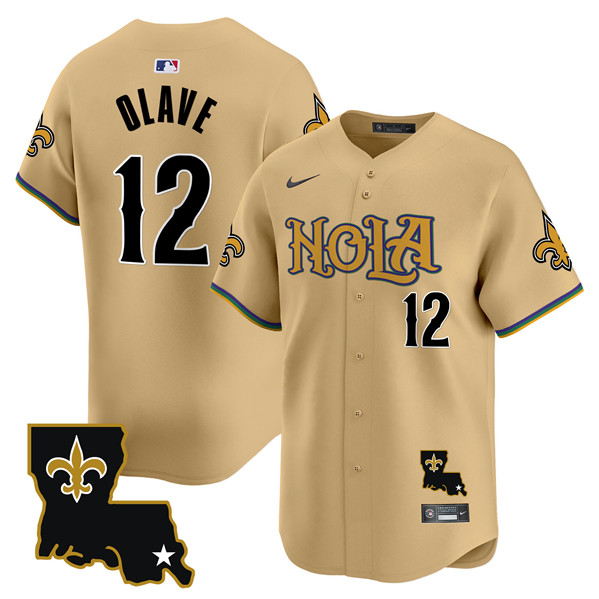 Personalized Men’s New Orleans Saints #12 Chris Olave Gold Cool Base Stitched Baseball Jersey