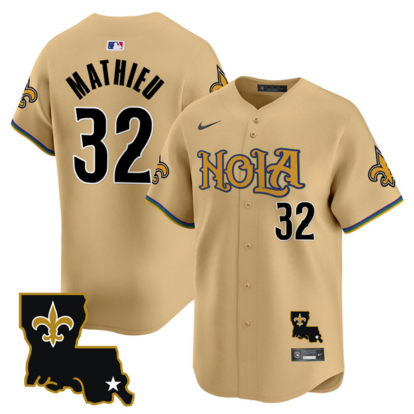 Personalized Men’s New Orleans Saints #32 Tyrann Mathieu Gold Cool Base Stitched Baseball Jersey