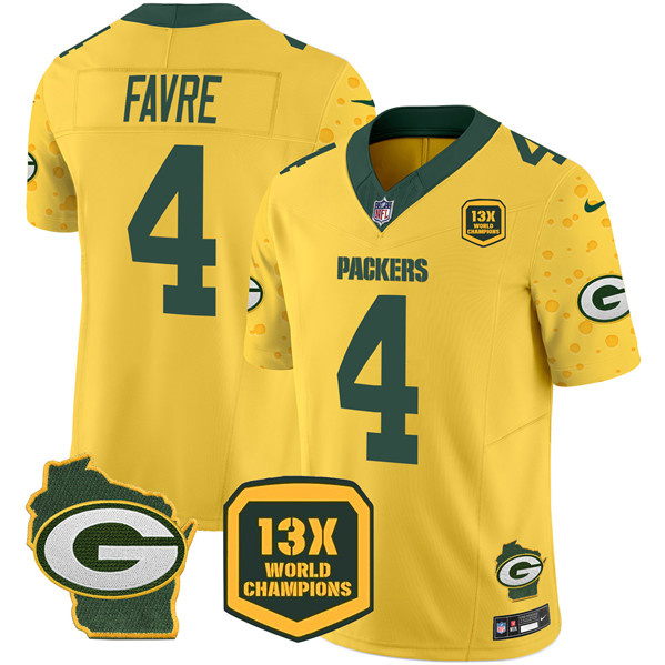 Personalized Men’s Green Bay Packers #4 Brett Favre Cheese Gold 2024 F.U.S.E. 13 Time World Champions And Home Patch Untouchable Limited Stitched Football Jersey