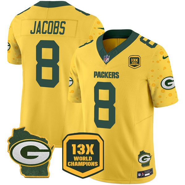 Personalized Men’s Green Bay Packers #8 Josh Jacobs Cheese Gold 2024 F.U.S.E. 13 Time World Champions And Home Patch Untouchable Limited Stitched Football Jersey