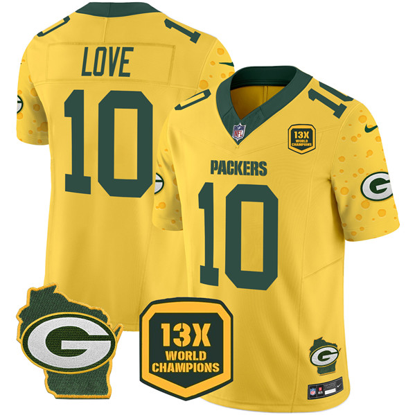 Personalized Men’s Green Bay Packers #10 Jordan Love Cheese Gold 2024 F.U.S.E. 13 Time World Champions And Home Patch Untouchable Limited Stitched Football Jersey