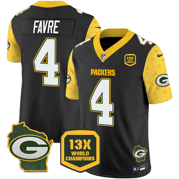 Personalized Men’s Green Bay Packers #4 Brett Favre Cheese Black 2024 F.U.S.E. 13 Time World Champions And Home Patch Untouchable Limited Stitched Football Jersey