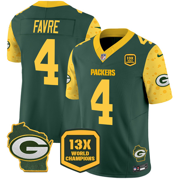 Personalized Men’s Green Bay Packers #4 Brett Favre Cheese Green 2024 F.U.S.E. 13 Time World Champions And Home Patch Untouchable Limited Stitched Football Jersey