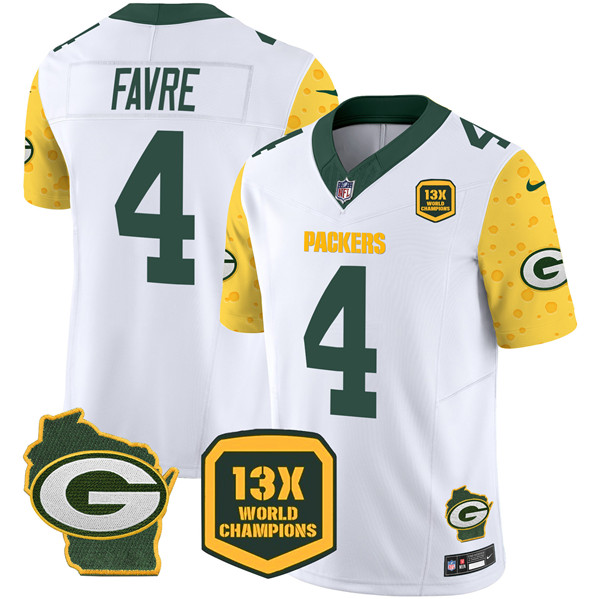 Personalized Men’s Green Bay Packers #4 Brett Favre Cheese White 2024 F.U.S.E. 13 Time World Champions And Home Patch Untouchable Limited Stitched Football Jersey