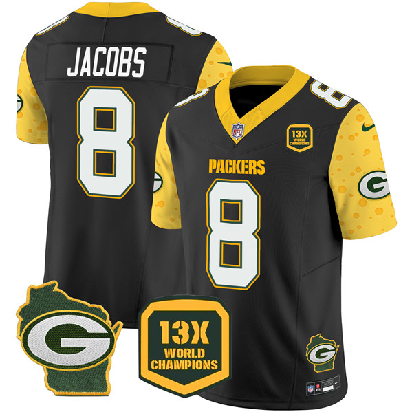 Personalized Men’s Green Bay Packers #8 Josh Jacobs Cheese Black 2024 F.U.S.E. 13 Time World Champions And Home Patch Untouchable Limited Stitched Football Jersey