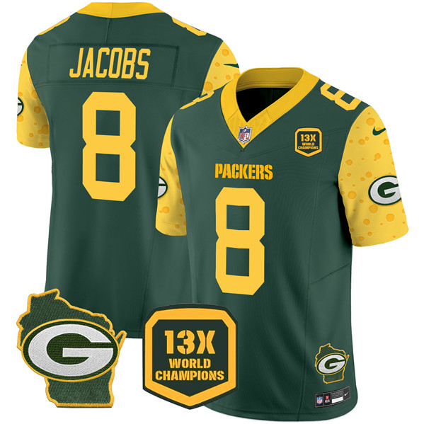 Personalized Men’s Green Bay Packers #8 Josh Jacobs Cheese Green 2024 F.U.S.E. 13 Time World Champions And Home Patch Untouchable Limited Stitched Football Jersey