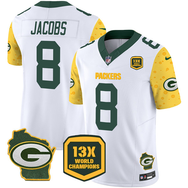 Personalized Men’s Green Bay Packers #8 Josh Jacobs Cheese White 2024 F.U.S.E. 13 Time World Champions And Home Patch Untouchable Limited Stitched Football Jersey