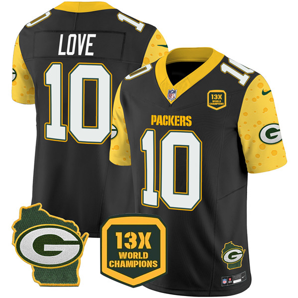 Personalized Men’s Green Bay Packers #10 Jordan Love Cheese Black 2024 F.U.S.E. 13 Time World Champions And Home Patch Untouchable Limited Stitched Football Jersey