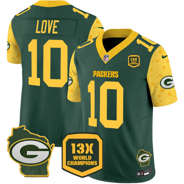 Personalized Men’s Green Bay Packers #10 Jordan Love Cheese Green 2024 F.U.S.E. 13 Time World Champions And Home Patch Untouchable Limited Stitched Football Jersey