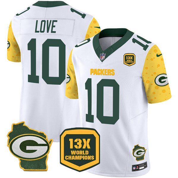 Personalized Men’s Green Bay Packers #10 Jordan Love Cheese White 2024 F.U.S.E. 13 Time World Champions And Home Patch Untouchable Limited Stitched Football Jersey