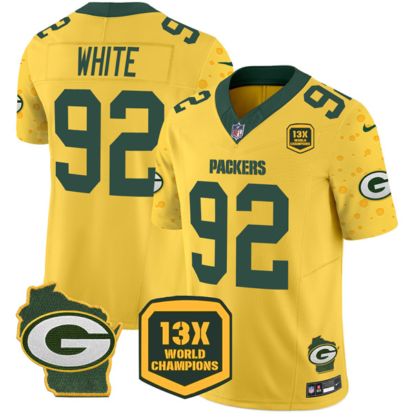 Personalized Men’s Green Bay Packers #92 Reggie White Cheese Gold 2024 F.U.S.E. 13 Time World Champions And Home Patch Untouchable Limited Stitched Football Jersey