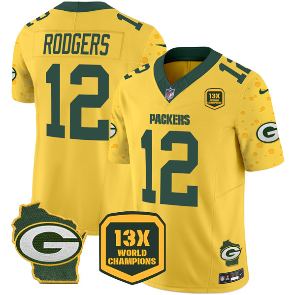 Personalized Men’s Green Bay Packers #12 Aaron Rodgers Cheese Gold 2024 F.U.S.E. 13 Time World Champions And Home Patch Untouchable Limited Stitched Football Jersey