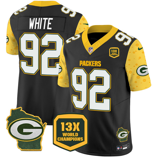 Personalized Men’s Green Bay Packers #92 Reggie White Cheese Black 2024 F.U.S.E. 13 Time World Champions And Home Patch Untouchable Limited Stitched Football Jersey