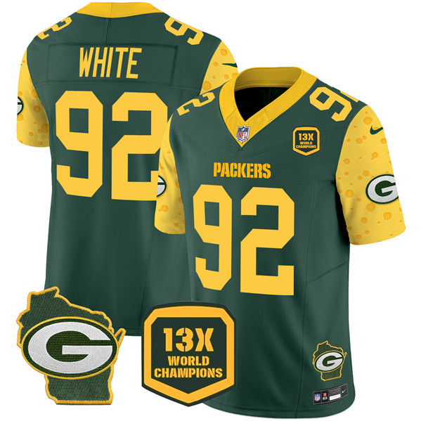 Personalized Men’s Green Bay Packers #92 Reggie White Cheese Green 2024 F.U.S.E. 13 Time World Champions And Home Patch Untouchable Limited Stitched Football Jersey