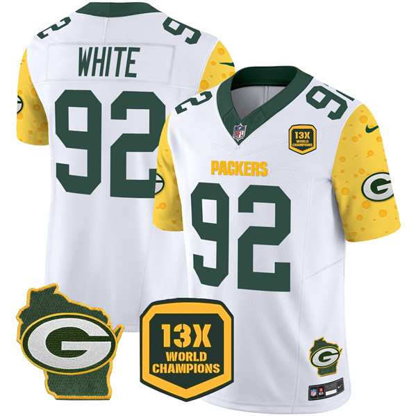 Personalized Men’s Green Bay Packers #92 Reggie White Cheese White 2024 F.U.S.E. 13 Time World Champions And Home Patch Untouchable Limited Stitched Football Jersey
