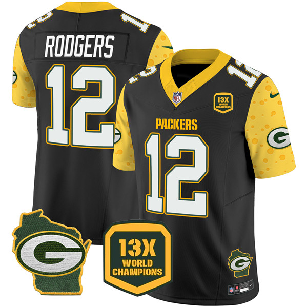 Personalized Men’s Green Bay Packers #12 Aaron Rodgers Cheese Black 2024 F.U.S.E. 13 Time World Champions And Home Patch Untouchable Limited Stitched Football Jersey