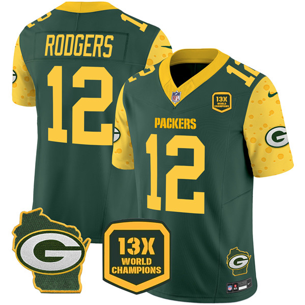 Personalized Men’s Green Bay Packers #12 Aaron Rodgers Cheese Green 2024 F.U.S.E. 13 Time World Champions And Home Patch Untouchable Limited Stitched Football Jersey