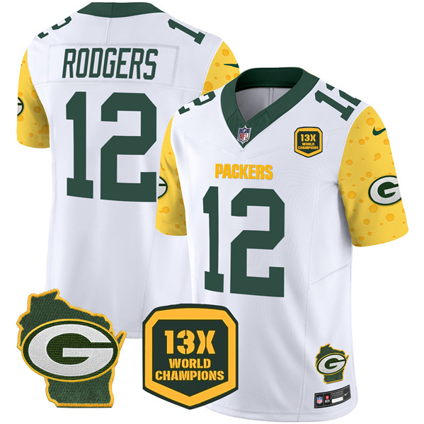 Personalized Men’s Green Bay Packers #12 Aaron Rodgers Cheese White 2024 F.U.S.E. 13 Time World Champions And Home Patch Untouchable Limited Stitched Football Jersey