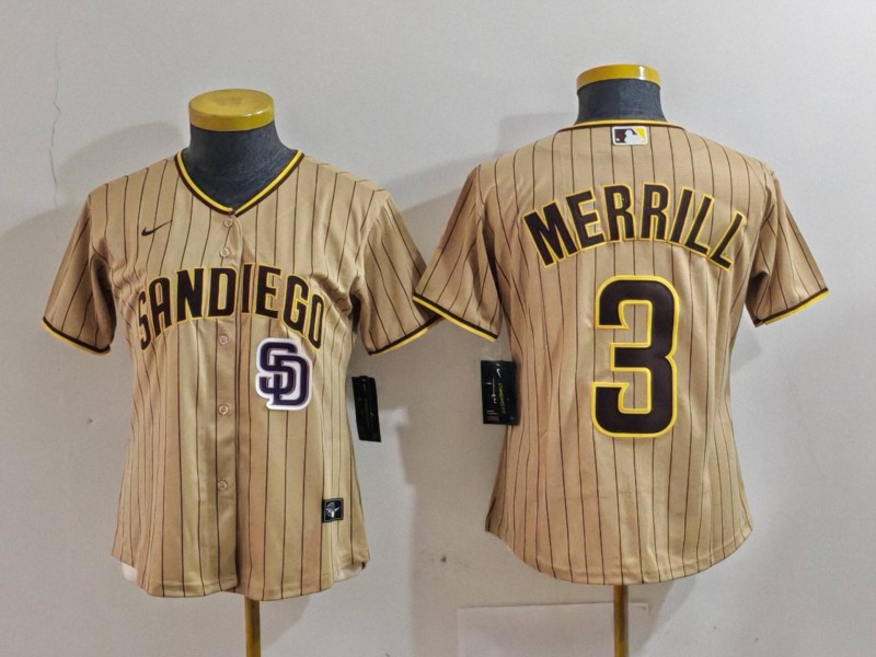 Personalized Women’s San Diego Padres #3 Jackson Merrill Tan Stitched Baseball Jersey(Run Small)