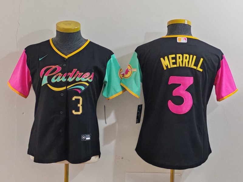 Personalized Women’s San Diego Padres #3 Jackson Merrill Black City Connect Stitched Baseball Jersey(Run Small)