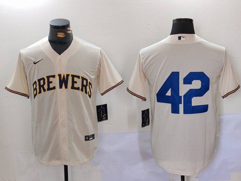 Personalized Men’s Milwaukee Brewers #42 Jackie Robinson Cream Cool Base Stitched Jersey