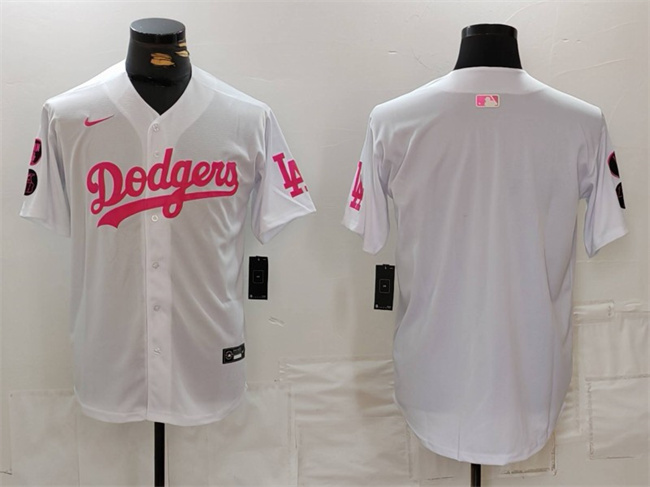 Personalized Men’s Los Angeles Dodgers Blank White Pink Vin & Kobe Patch Stitched Baseball Jersey