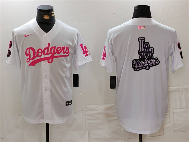 Personalized Men’s Los Angeles Dodgers Team Big Logo White Pink Vin & Kobe Patch Stitched Baseball Jerseys