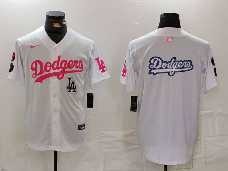 Personalized Men’s Los Angeles Dodgers Team Big Logo White Pink Vin & Kobe Patch Stitched Baseball Jerseys