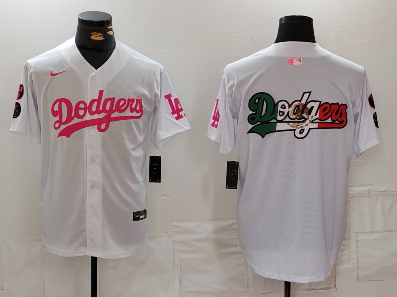 Personalized Men’s Los Angeles Dodgers Team Big Logo White Pink Vin & Kobe Patch Stitched Baseball Jerseys