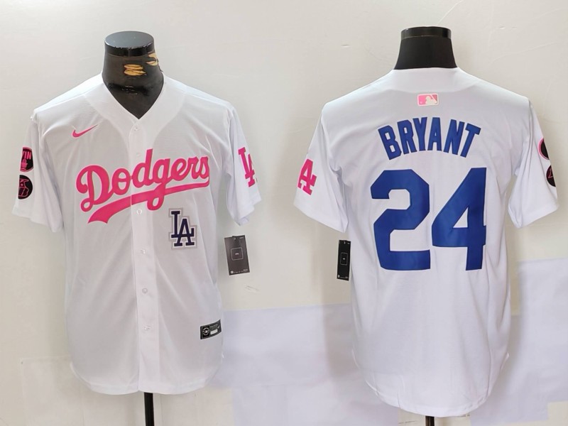 Personalized Men’s Los Angeles Dodgers #24 Kobe Bryant White Pink Vin & Kobe Patch Stitched Baseball Jerseys